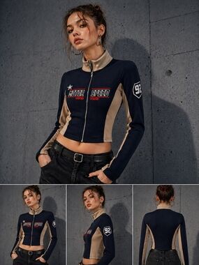 Daisy Street Y2K Racing Fitted Zip Jacket • Dark navy